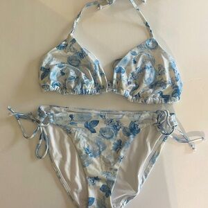 Victoria’s Secret Velvet White/light Blue Floral Bikini Sz XL Top, Sz M Bottom